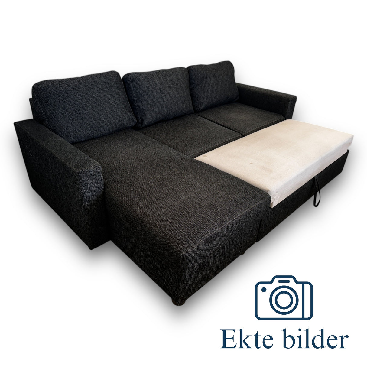Sovesofa med Sjeselong - Svart, Utrekkbar med Oppbevaring fra Gjenbruksgiganten